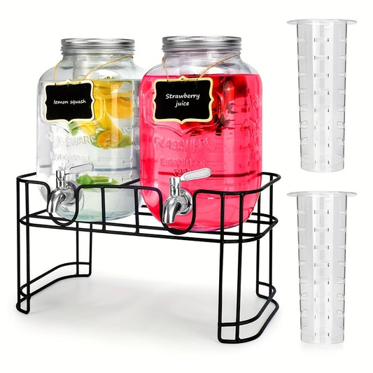 1 Gallon Glass Beverage Dispenser Set with Stand & Stainless Steel Spigot – Leak-Proof Lemonade Dispenser with Ice Tube, 2-Pack for Parties, Kitchen, Camping, Halloween & Christmas