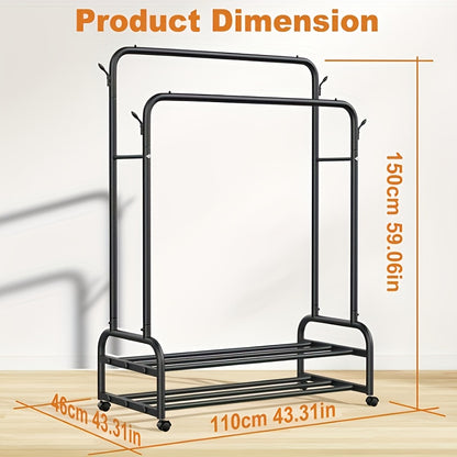 Heavy-Duty Metal Clothing Rack with Double Rods & Wheels – Freestanding Garment Rack with Shelves & Hooks for Bedroom Closet, Golden