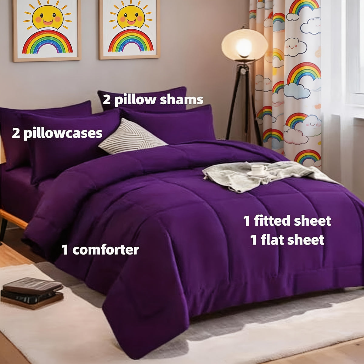 Comforter Sets Queen King Full 7 Piece Bed in a Bag – Soft Satin-Like Fabric, Breathable Quilt Set with Fitted Sheet, Flat Sheet & 4 Pillowcases, Multiple Colors for Bedroom Hotel School