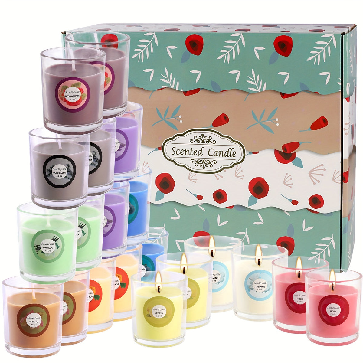 Scented Soy Wax Candles Gift Set 20 Pack, 10 Aromas Lavender Vanilla Jasmine in Glass Jars with Dried Flower Labels, Individually Wrapped Aromatherapy Candles for Birthday Christmas Valentine Wedding Home Decor