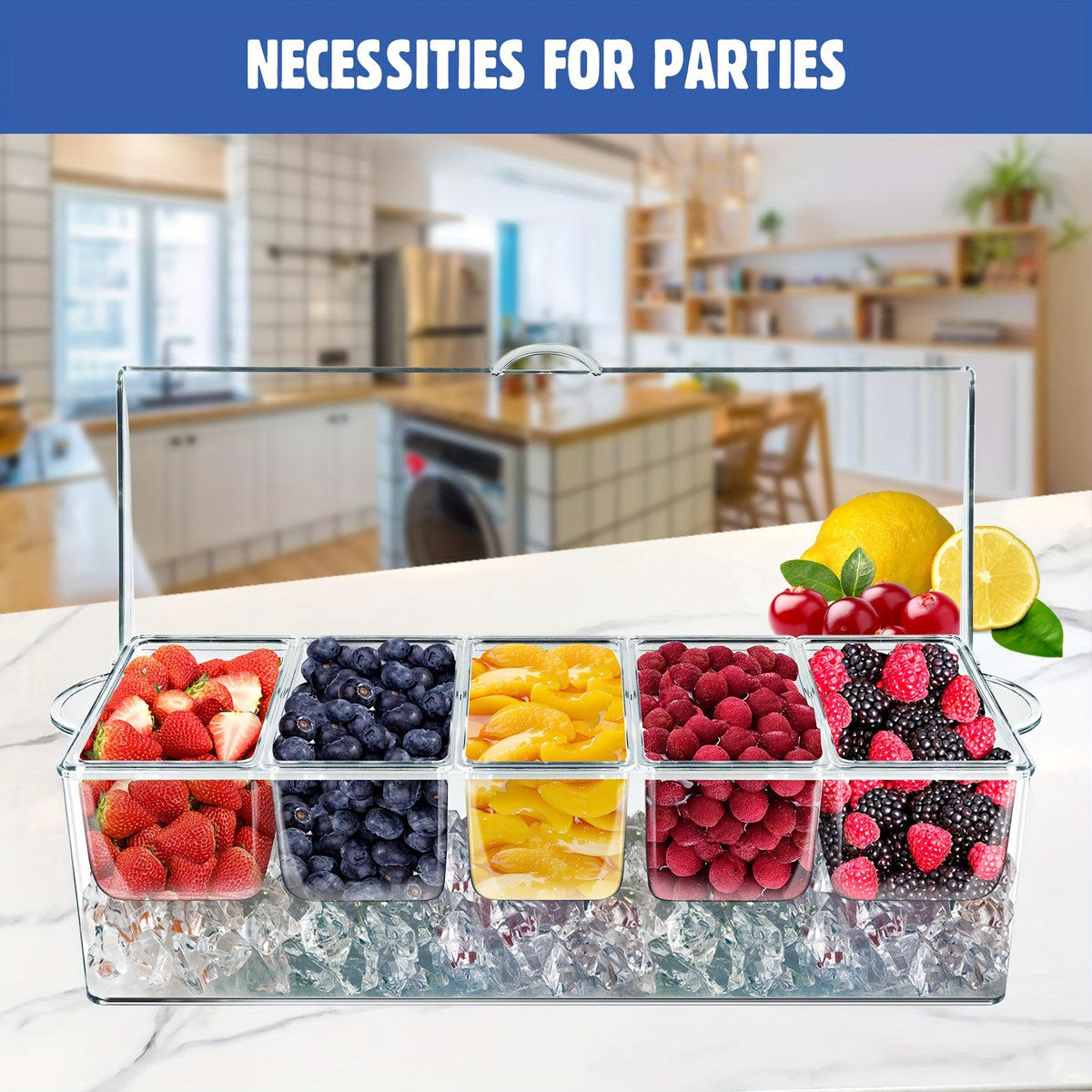 Bar Serving Tray on Ice | 5-Compartment Garnish Platter with Lid, 5 Forks & 3 Pliers | Cold Condiment & Fruit Tray for Bar, Parties & Entertaining