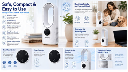 Desktop Bladeless Fan USB Powered – Water Mist Cooling Tower Fan with Remote Control, Touch Screen, 7-Color LED Light, Timer & Auto Shutdown, Portable for Office Home Travel Camping, Blue or White