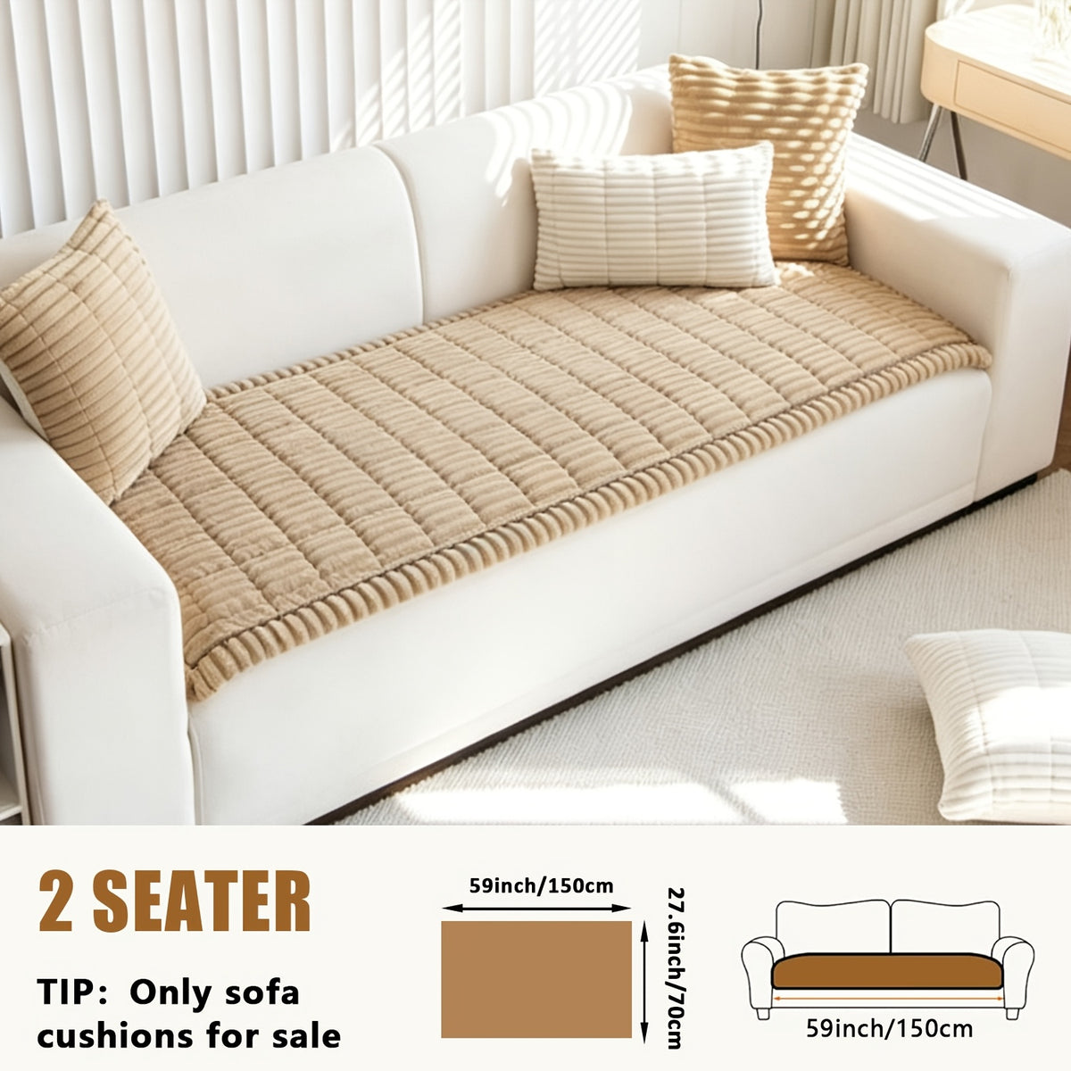 Sofa Cover Plush Velvet - Washable Stretch Couch Cover with Wavy Edge, Soft Shu Velveteen Sofa Protector for 1 2 3 4 Seater, Easy Install Furniture Cover in White Khaki Gray