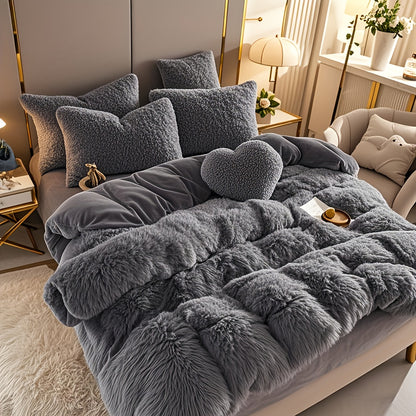 Fluffy Duvet Cover Set 4 Piece Queen King, Soft Plush Comforter Cover with 2 Pillow Shams All Season Cozy Bedding Set No Insert, in Purple Red Pink Gray Yellow Blue Beige Black