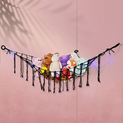 Stuffed Animal Hammock with LED Lights Corner Toy Net Organizer for Kids Bedroom Nursery Plush Toy Storage Hanging Mesh Bag