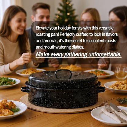 Granite Enamel Roasting Pan with Lid, Nonstick Carbon Steel Turkey Roaster for Oven, Large Bakeware for Chicken Roasting Soup Stew, Available in 13 and 16 Inch in Red Black and Blue