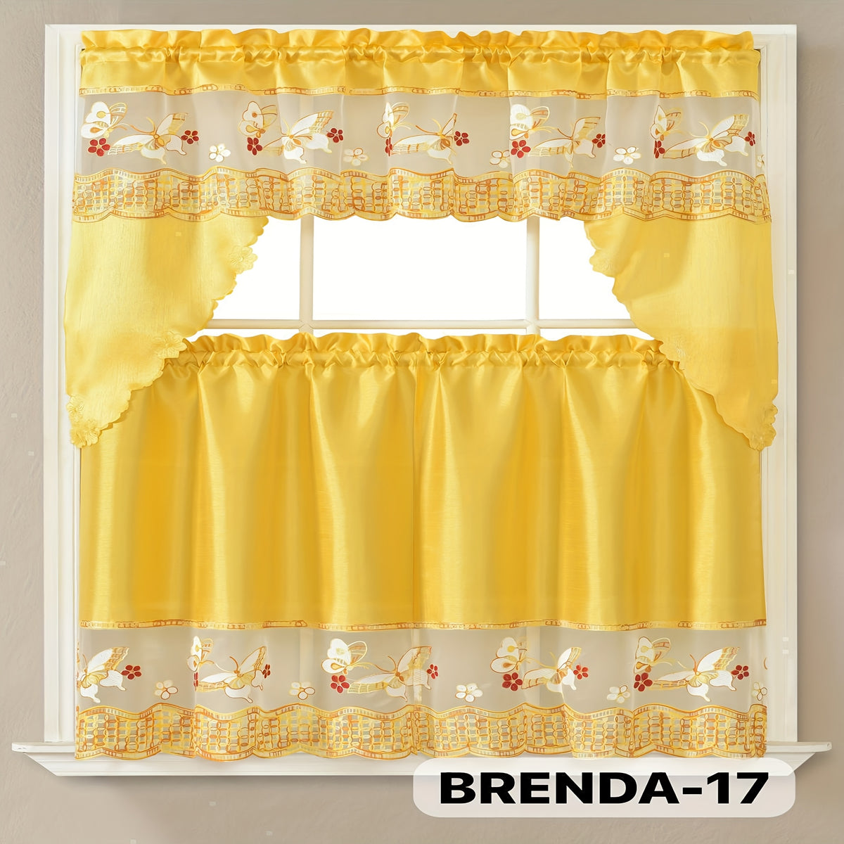 Kitchen Curtains Set 3 Piece with Embroidery – Satin Fabric Valance and Tier Curtains for Kitchen Windows, 49 Colors, Light Filtering, Rod Pocket, Machine Washable