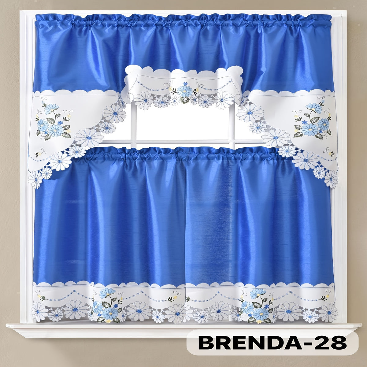 Kitchen Curtains Set 3 Piece with Embroidery – Satin Fabric Valance and Tier Curtains for Kitchen Windows, 49 Colors, Light Filtering, Rod Pocket, Machine Washable