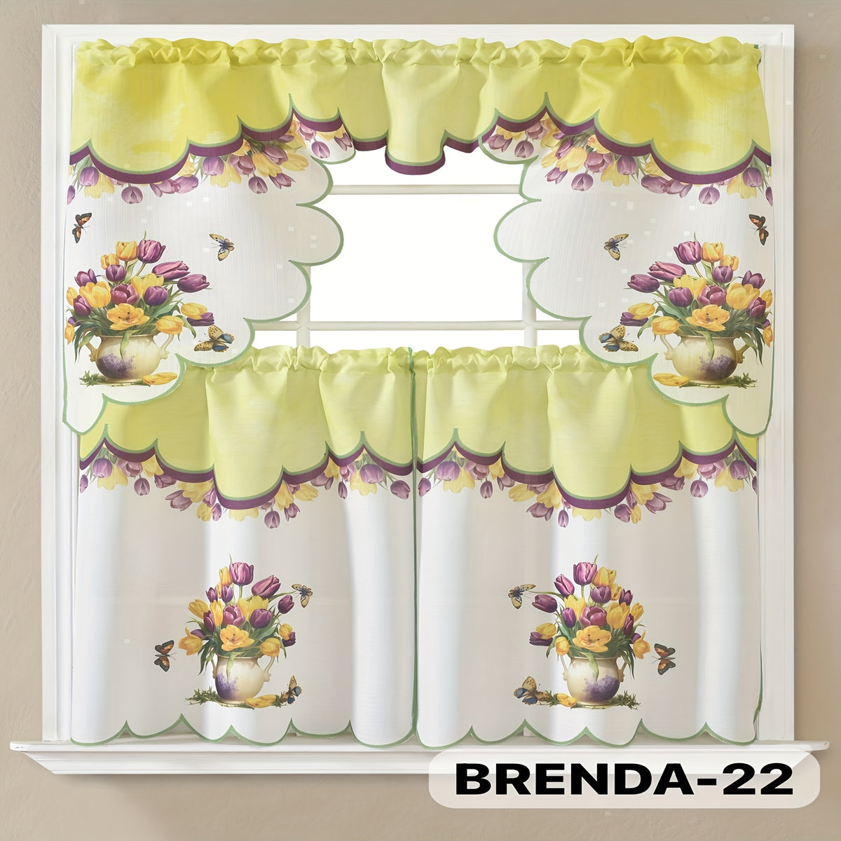 Kitchen Curtains Set 3 Piece with Embroidery – Satin Fabric Valance and Tier Curtains for Kitchen Windows, 49 Colors, Light Filtering, Rod Pocket, Machine Washable