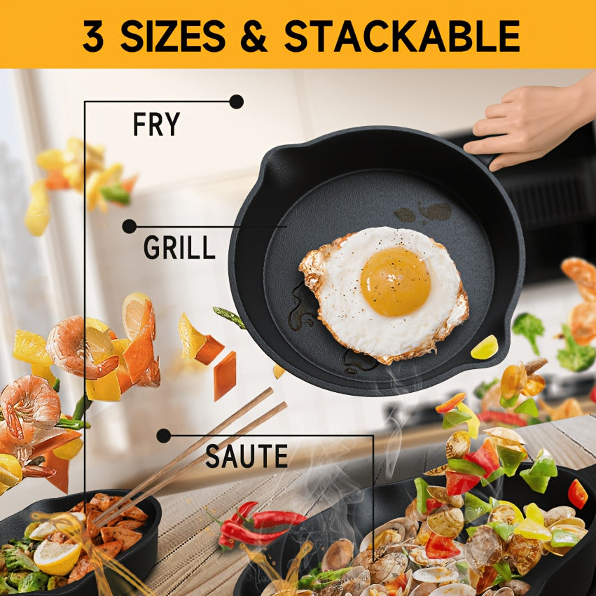 Cast Iron Skillet Set 3-Piece Pre-Seasoned Heavy-Duty Frying Pan 6 8 10 Inch - Superior Heat Retention Ergonomic Handle Cookware for Indoor Outdoor Cooking Stovetop Oven Campfire