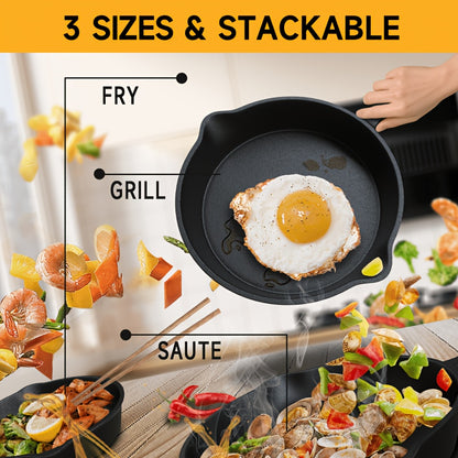Cast Iron Skillet Set 3-Piece Pre-Seasoned Heavy-Duty Frying Pan 6 8 10 Inch - Superior Heat Retention Ergonomic Handle Cookware for Indoor Outdoor Cooking Stovetop Oven Campfire