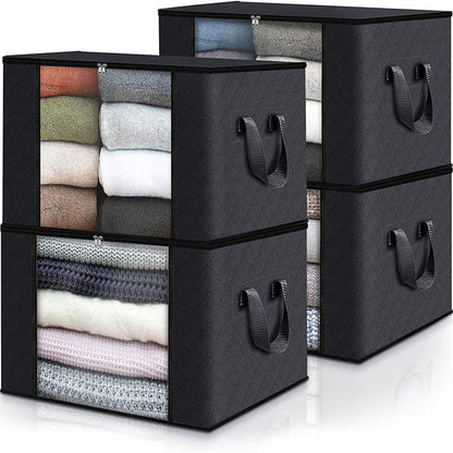 Large Storage Bags 4 Pack 23.78 Gallon Foldable Closet Organizer Bins with Reinforced Handles for Clothing, Blankets, Comforters & Bedding – Under Bed Storage Containers, Black or Gray