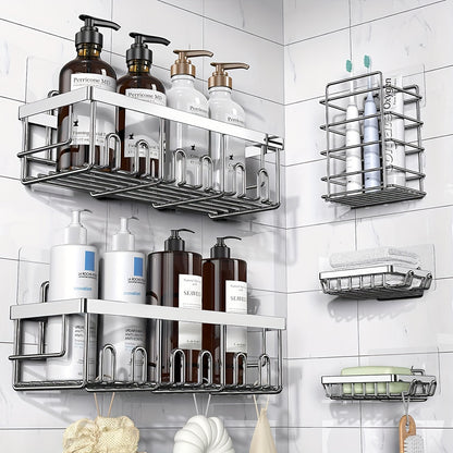5-Pack Adhesive Shower Caddy Organizer – No Drilling Rustproof Stainless Steel Shower Shelves with Soap Holder, Wall Mounted Bathroom Storage Rack for Renters Family Apartment, Random Colors