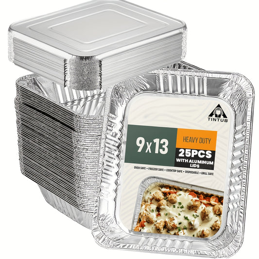 Disposable Aluminum Pans with Lids 25 Pack - 9x13 Half Size Heavy Duty Foil Baking Trays for Roasting, Reheating & Cooking - Oven Safe Steam Table Chafing Pans, Commercial Grade Durable Foil Trays