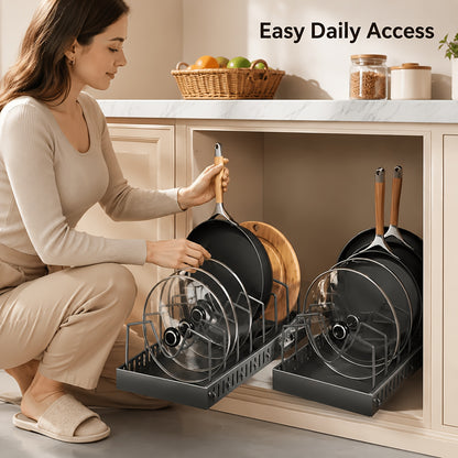 Sliding Pot and Pan Organizer Rack with Pull-Out Drawer – Under Cabinet Kitchen Storage for Pot Lids, Baking Trays & Utensils, 8 Adjustable Dividers, Black White Gray