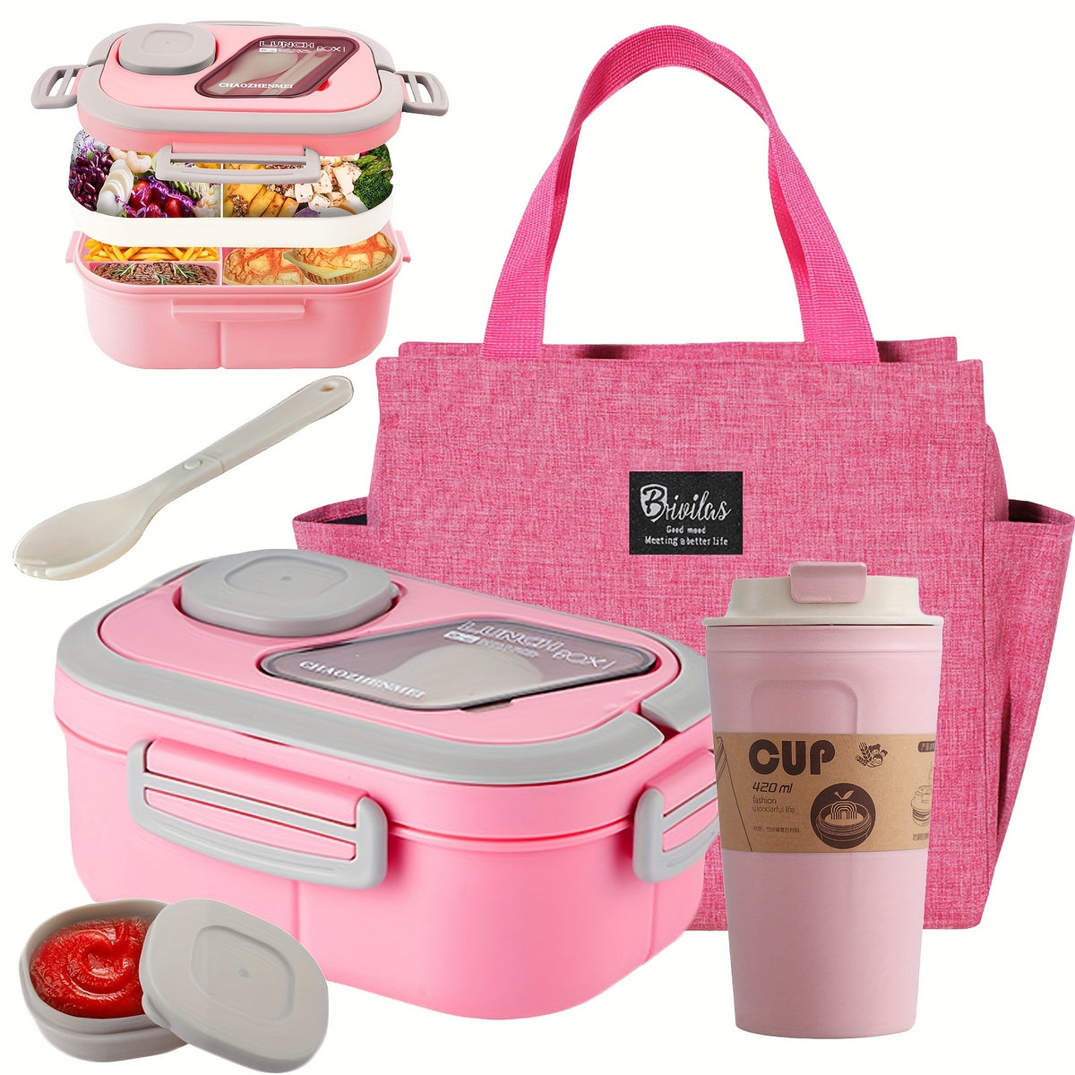 Bento Lunch Box Set with Bag and Cup, 2-Layer Multi-Compartment Meal Prep Container for School Office Picnic, Leakproof Food Storage Box with Insulated Lunch Bag, Pink Blue Green White