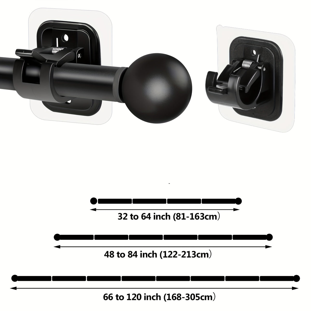 Tension Curtain Rod No Drill 66 to 120 Inch – Adjustable Spring Curtain Rod with Strong Adhesive Brackets, Damage-Free Installation, Heavy-Duty Stainless Steel, Perfect for Apartments, Dorms & Renters