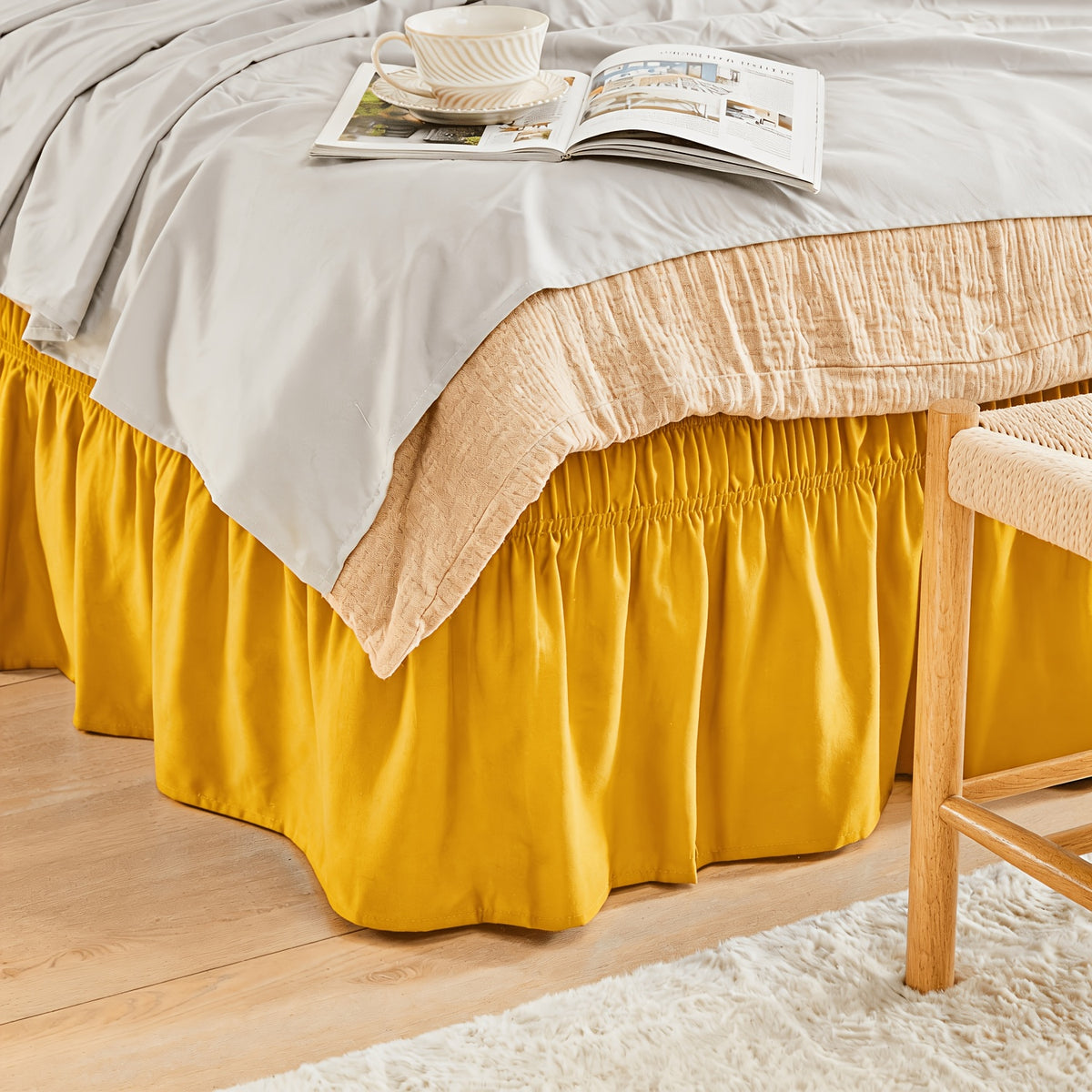 Bed Skirt Wrap Around Elastic – 15 Inch Drop Microfiber Dust Ruffle No Lift Needed Adjustable Hotel Quality Fade Resistant Machine Washable Twin Full Queen King 30 Colors
