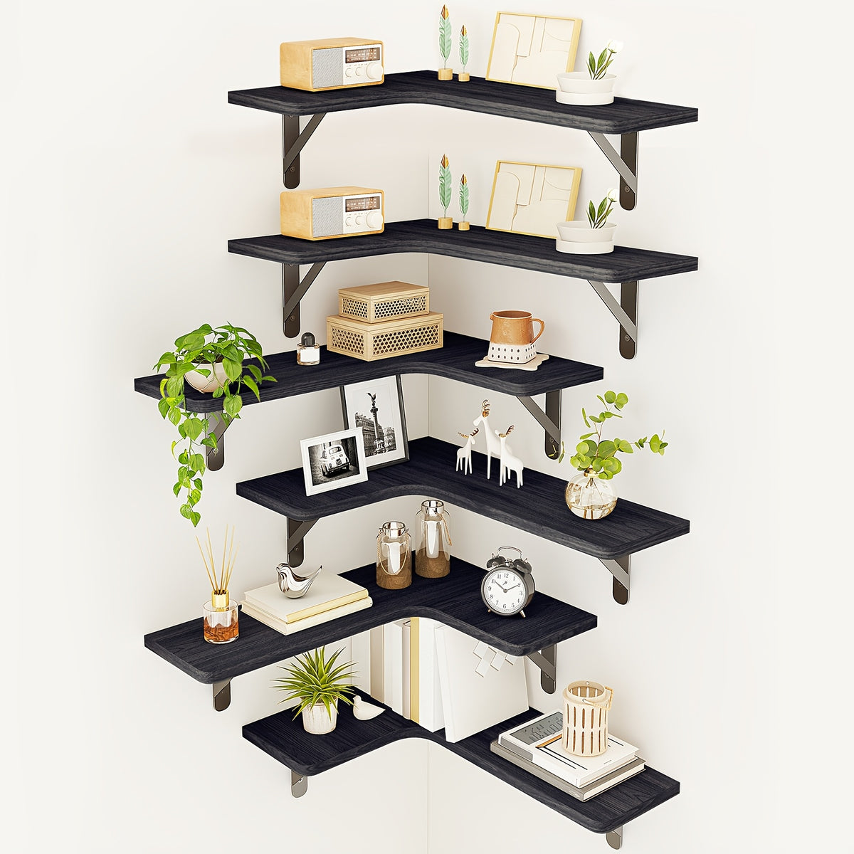 Corner Floating Shelves Rustic Wood 5 or 6 Piece Wall Mounted Heavy Duty Space Saving Storage Shelf for Bathroom Kitchen Bedroom Living Room, Easy Install 8 Colors