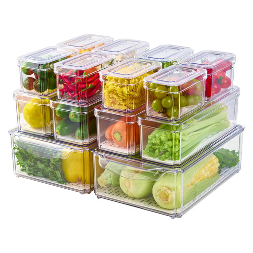 Fridge Organizer Bins with Lids 14 Pack Stackable Clear Refrigerator Storage Containers for Fruit Vegetable Food Drinks Cereals Kitchen Pantry Organization