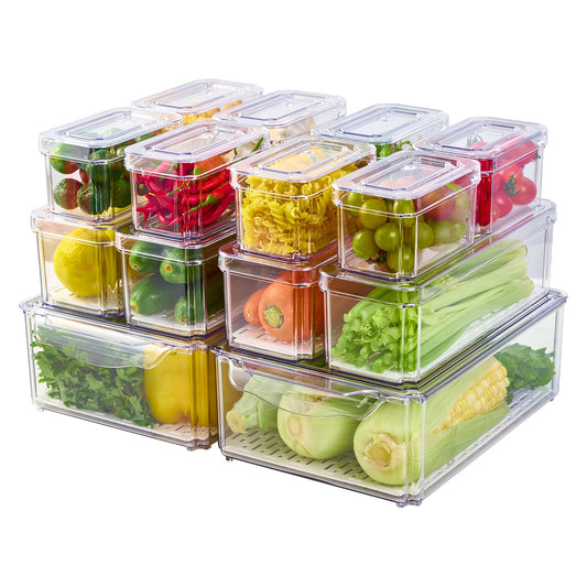 Fridge Organizer Bins with Lids 14 Pack Stackable Clear Refrigerator Storage Containers for Fruit Vegetable Food Drinks Cereals Kitchen Pantry Organization