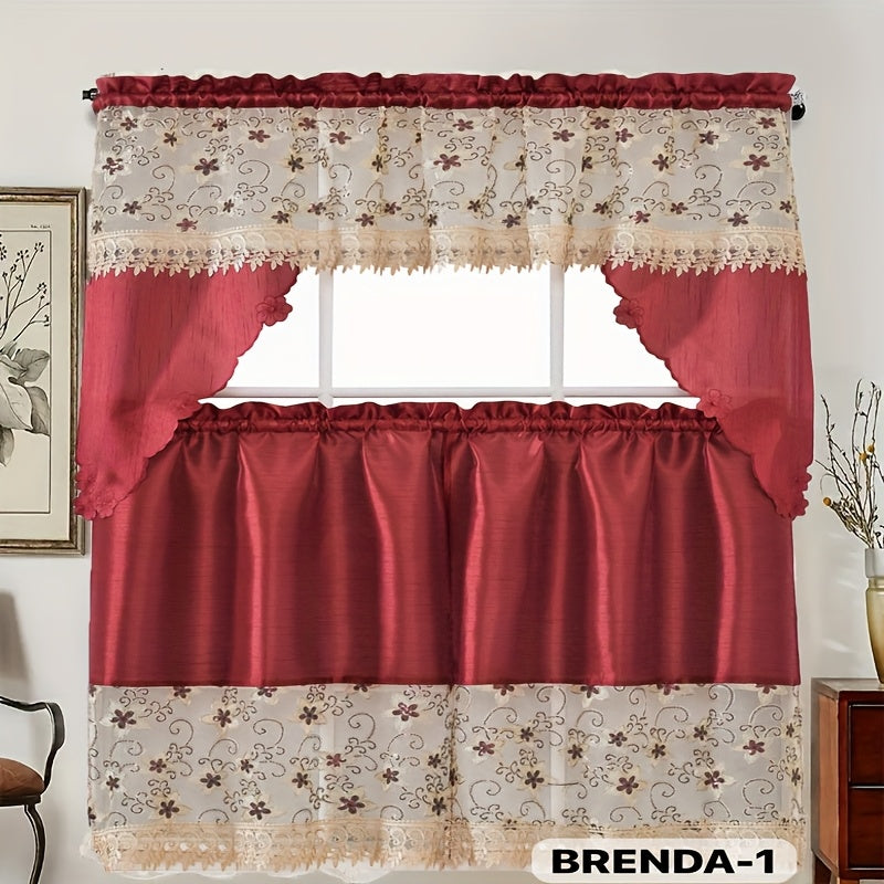 Kitchen Curtains Set 3 Piece with Embroidery – Satin Fabric Valance and Tier Curtains for Kitchen Windows, 49 Colors, Light Filtering, Rod Pocket, Machine Washable