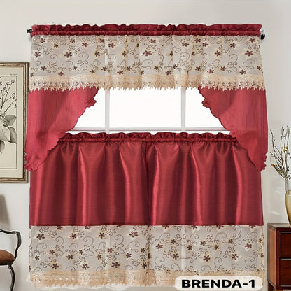 Kitchen Curtains Set 3 Piece with Embroidery – Satin Fabric Valance and Tier Curtains for Kitchen Windows, 49 Colors, Light Filtering, Rod Pocket, Machine Washable