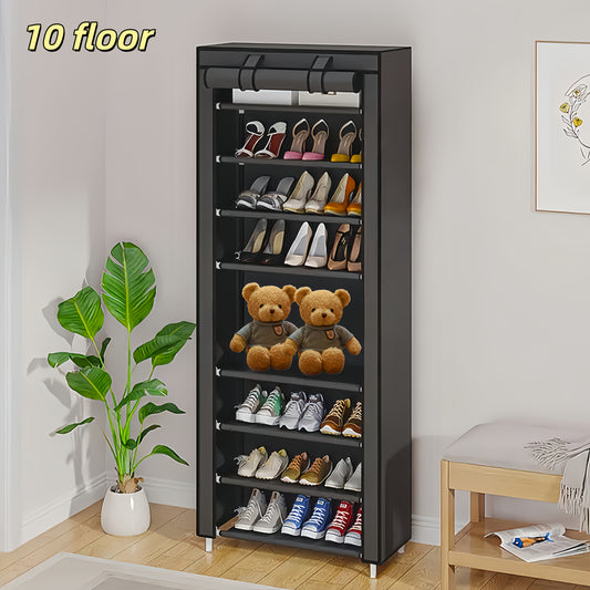 Shoe Rack with Dust Cover 6 8 10 Tier, Large Capacity Freestanding Shoe Organizer for Entryway Closet Bedroom, Space Saving Easy Assembly Shoe Storage Shelf for Household Wardrobe