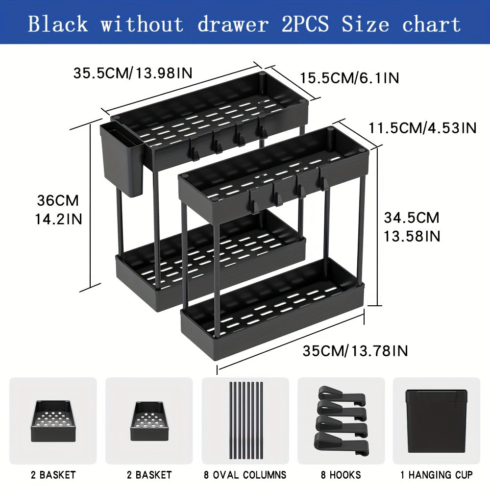 Under Sink Organizer 2 Pack – Double Tier Sliding Storage Basket with 8 Hooks, Adjustable Cabinet Organizer for Kitchen Bathroom Under Sink Storage, Moonlight White Matt Black Light Gray