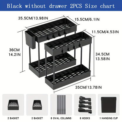 Under Sink Organizer 2 Pack – Double Tier Sliding Storage Basket with 8 Hooks, Adjustable Cabinet Organizer for Kitchen Bathroom Under Sink Storage, Moonlight White Matt Black Light Gray