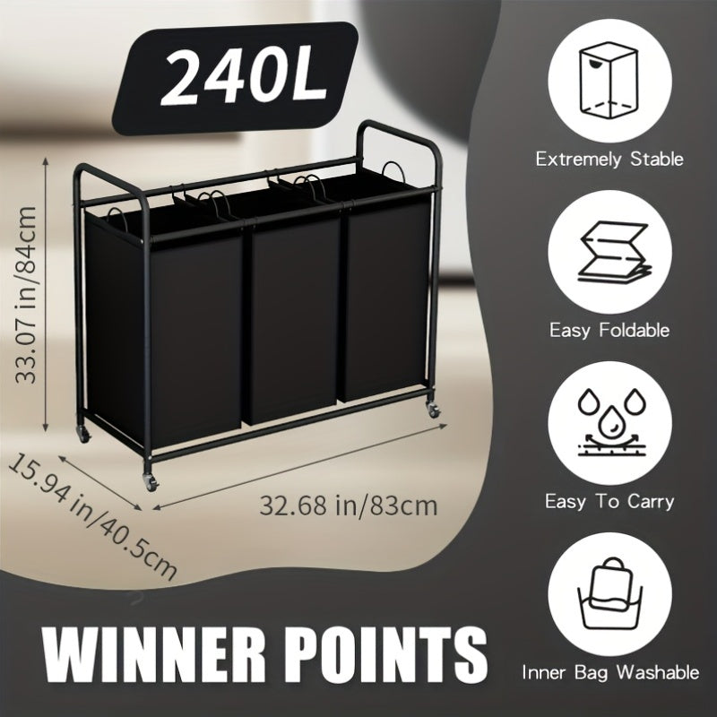 Laundry Basket 3-Bag Sorter Cart 63 Gallon Rolling Lockable Wheels Removable Bags Heavy Duty Hamper for Bedroom Laundry Room Black Gray Beige Brown
