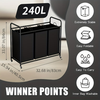 Laundry Basket 3-Bag Sorter Cart 63 Gallon Rolling Lockable Wheels Removable Bags Heavy Duty Hamper for Bedroom Laundry Room Black Gray Beige Brown