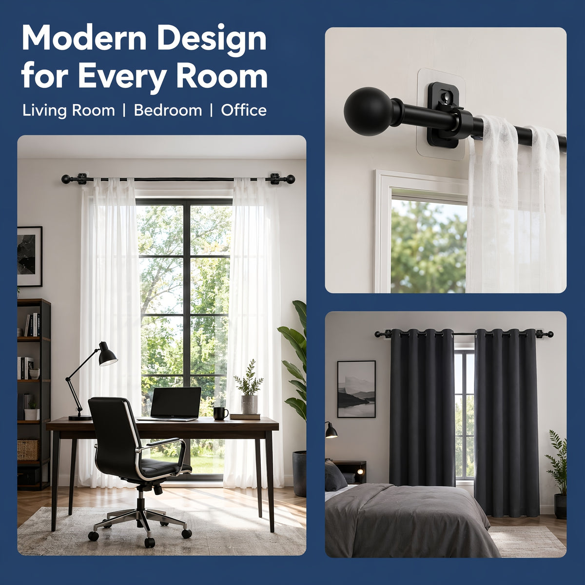 No Drill Curtain Rod with Adhesive Brackets – 5/8 Inch Diameter Tension Drapery Pole, No Hole Wall Damage, 2-Pack Black, Fits Windows 30 to 120 Inches