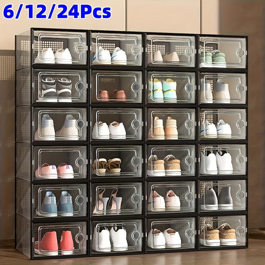 Shoe Boxes Clear Stackable with Lid 12/24pcs – Thickened Transparent Foldable Sneaker Storage Organizer for Entryway Bedroom Closet Dorm, Black White Gray
