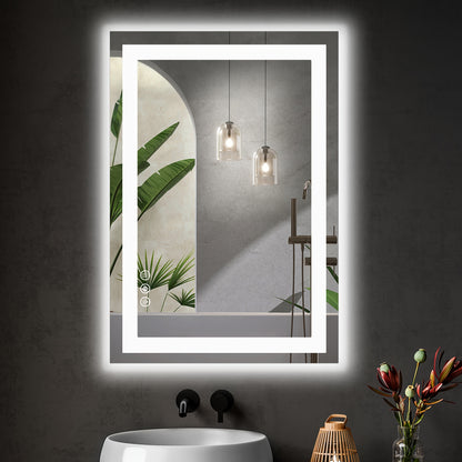 LED Bathroom Mirror Anti-Fog Wall Mounted - Dimmable Lighted Vanity Mirror with 3 Color Lighting Modes & Dual Light Source, Touch Sensor Backlit Makeup Mirror, Horizontal Vertical, Multiple Sizes