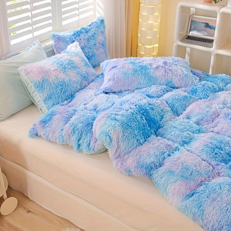 Plush Duvet Cover Set 3-Piece – Soft Fuzzy Comforter Cover with 2 Pillowcases, Cozy Warm Bedding for Bedroom & Dorm, Twin Full Queen King, 14 Colors including Solid & Tie Dye