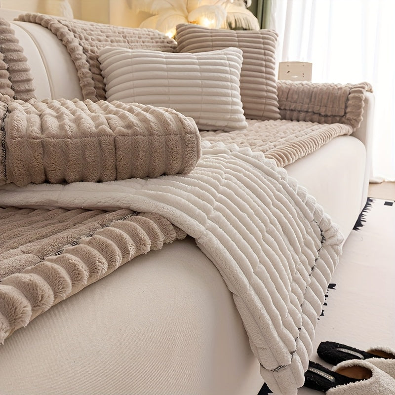 Sofa Cover Plush Velvet - Washable Stretch Couch Cover with Wavy Edge, Soft Shu Velveteen Sofa Protector for 1 2 3 4 Seater, Easy Install Furniture Cover in White Khaki Gray