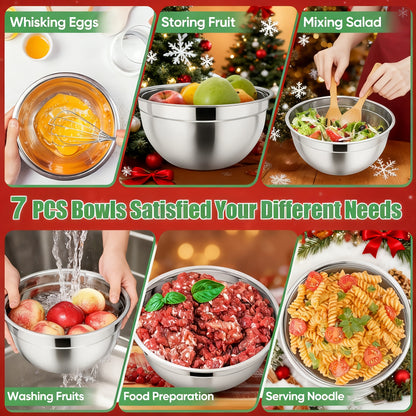 Stainless Steel Mixing Bowls Set with Airtight Lids 30 Piece, 7 Nesting Bowls with Lids and Grater Attachments 23 Kitchen Tools, Dishwasher Safe Mixing Bowl Set for Baking Cooking Serving