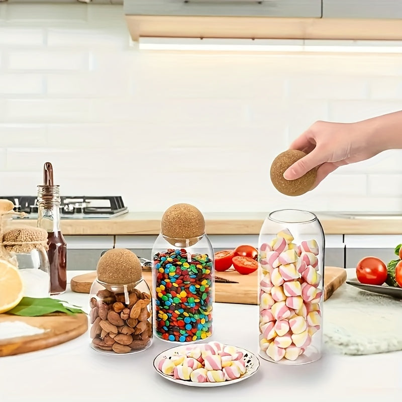 Glass Storage Jars with Cork Lids 3 Pack 17oz 500ml Round Airtight Containers for Kitchen Pantry Tea Nuts Candy Flowers, Reusable Glass Canisters with Spherical Cork Stopper Kitchen Organization