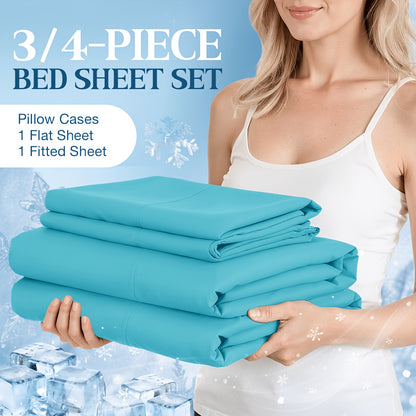 Ice-Cooling Bamboo Sheets Set Deep Pocket - Ultra Soft Breathable Skin-Friendly Fitted Sheet Flat Sheet & Pillowcases, Wrinkle-Free, All Season, Kids & Hot Sleepers, Twin Full Queen King