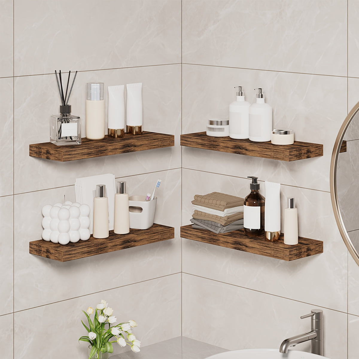 Rustic Floating Shelves 15.8 Inch 4 or 8 Pack – Wall Mounted Wood Shelf with Invisible Brackets for Home Decor Living Room Bedroom Bathroom Kitchen Brown Black White Gray