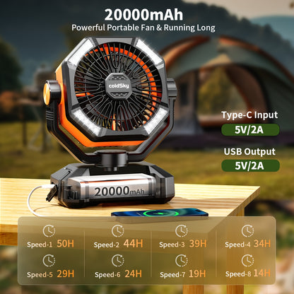 Portable Camping Fan 20000mAh Battery Powered – Dual Motor 8-Speed with Remote Control 4 LED Lanterns & Hook for Tent Bedroom Travel Power Outage & Construction Site