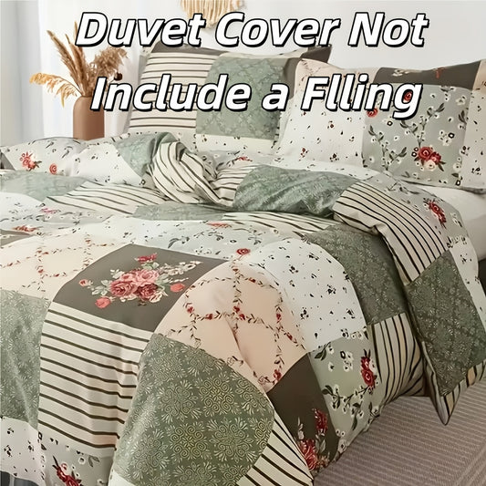 Floral Print Duvet Cover Set 3-Piece Kids Bedding with Zipper Closure, Patchwork Pastoral Style Comforter Cover + 2 Pillowcases, All-Season Lightweight, Twin Full Queen King – No Insert