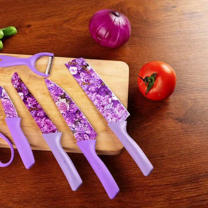 Floral Kitchen Knife Set 6 Piece Jasmine Pattern – High Carbon Stainless Steel Sharp Chef Knife, Meat Cleaver, Bread Knife, Scissors & Peeler, Ergonomic Handle, Cooking Gift for Women & Men