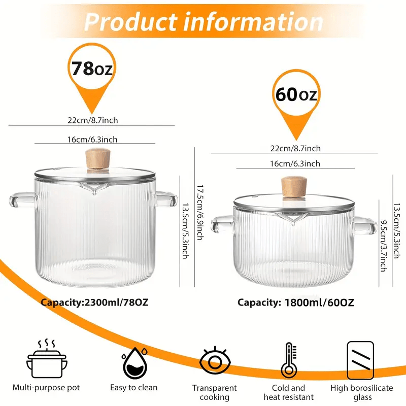 Borosilicate Glass Pot Stovetop Safe Dishwasher Safe Heat Resistant Glass Saucepan - Small Large for Soup Milk Baby Food Noodles Tea - Home Kitchen Restaurant Use Clear Glass Cookware