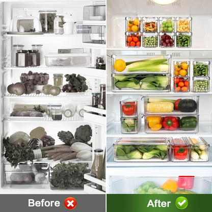 Fridge Organizer Bins with Lids 14 Pack Stackable Clear Refrigerator Storage Containers for Fruit Vegetable Food Drinks Cereals Kitchen Pantry Organization