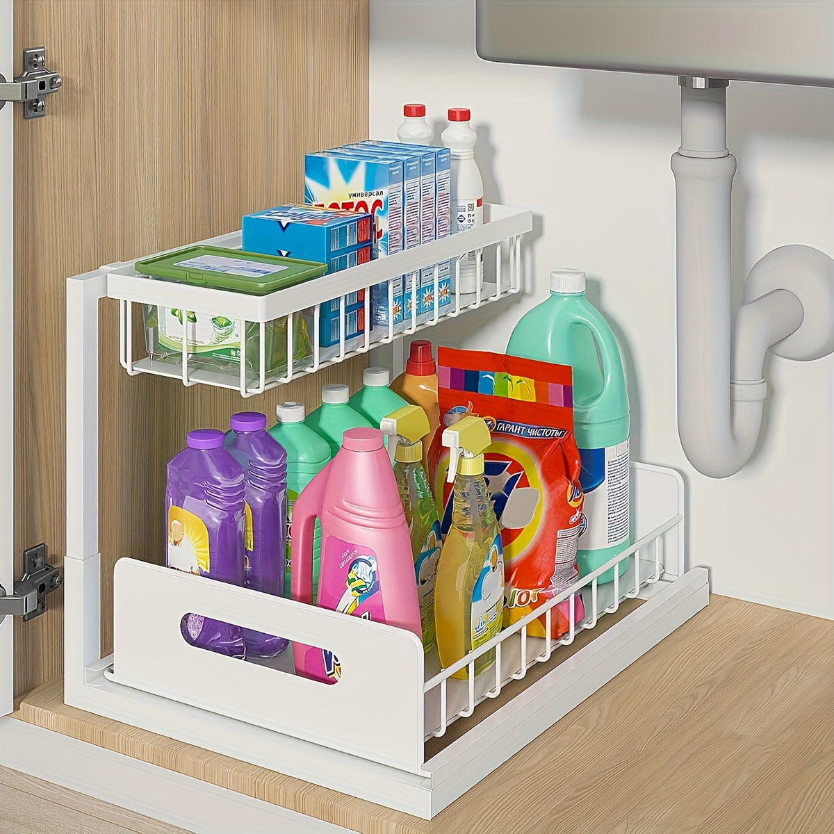 Under Sink Organizer with Sliding Drawer, 2-Tier Metal Pull-Out Storage Rack for Kitchen Bathroom Closet, Space-Saving Cabinet Shelf with Easy Access Design, Black or White