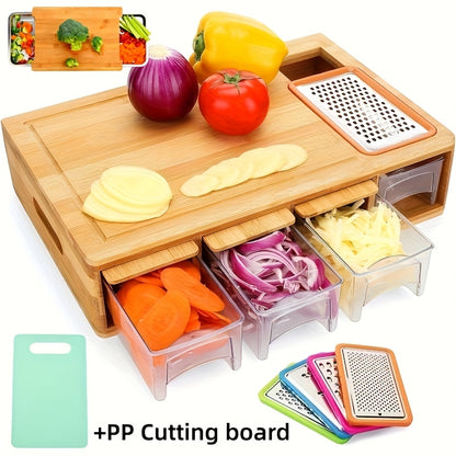 Bamboo Cutting Board with Trays and Drawers, Large Chopping Board with Food Sliding Opening and Stackable Airtight Containers for Food Storage Transport and Cleanup, Kitchen Gift for Home Cooks