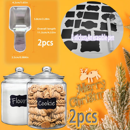 Glass Pantry Jars with Clamshell Lid Set of 2 - Airtight Food Storage Containers for Kitchen Countertop, Includes Spoons, Label Pen & Stickers, Reusable Round Glass Jars for Coffee, Pasta, Candy