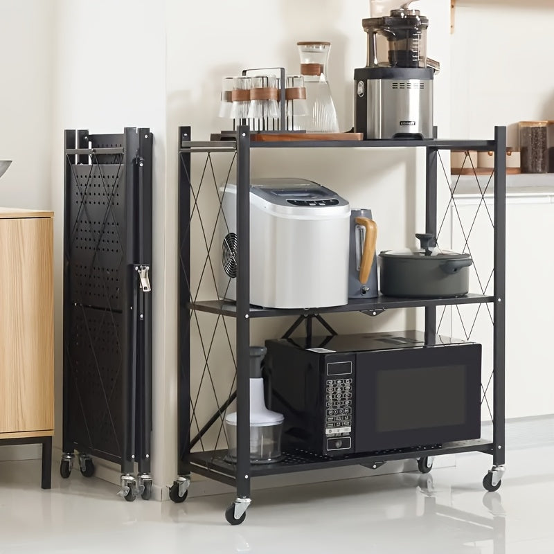 3-Tier Rolling Storage Rack with Wheels | Heavy-Duty Foldable Shelving Unit for Garage & Kitchen | Black Iron Utility Cart, Multi-Purpose Organization